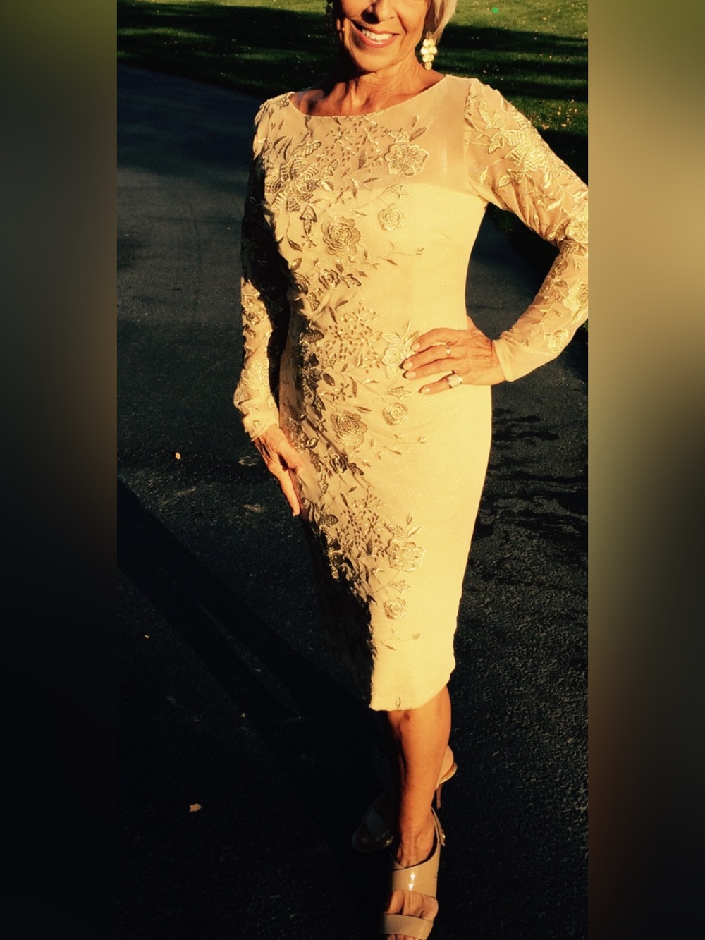 David Meister Champagne Beaded Lace Midi Dress
